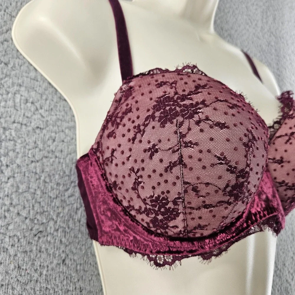 Victoria's‎ Secret Bra 34DD Burgundy Dream Angels Lined Demi Lace Mesh Underwire